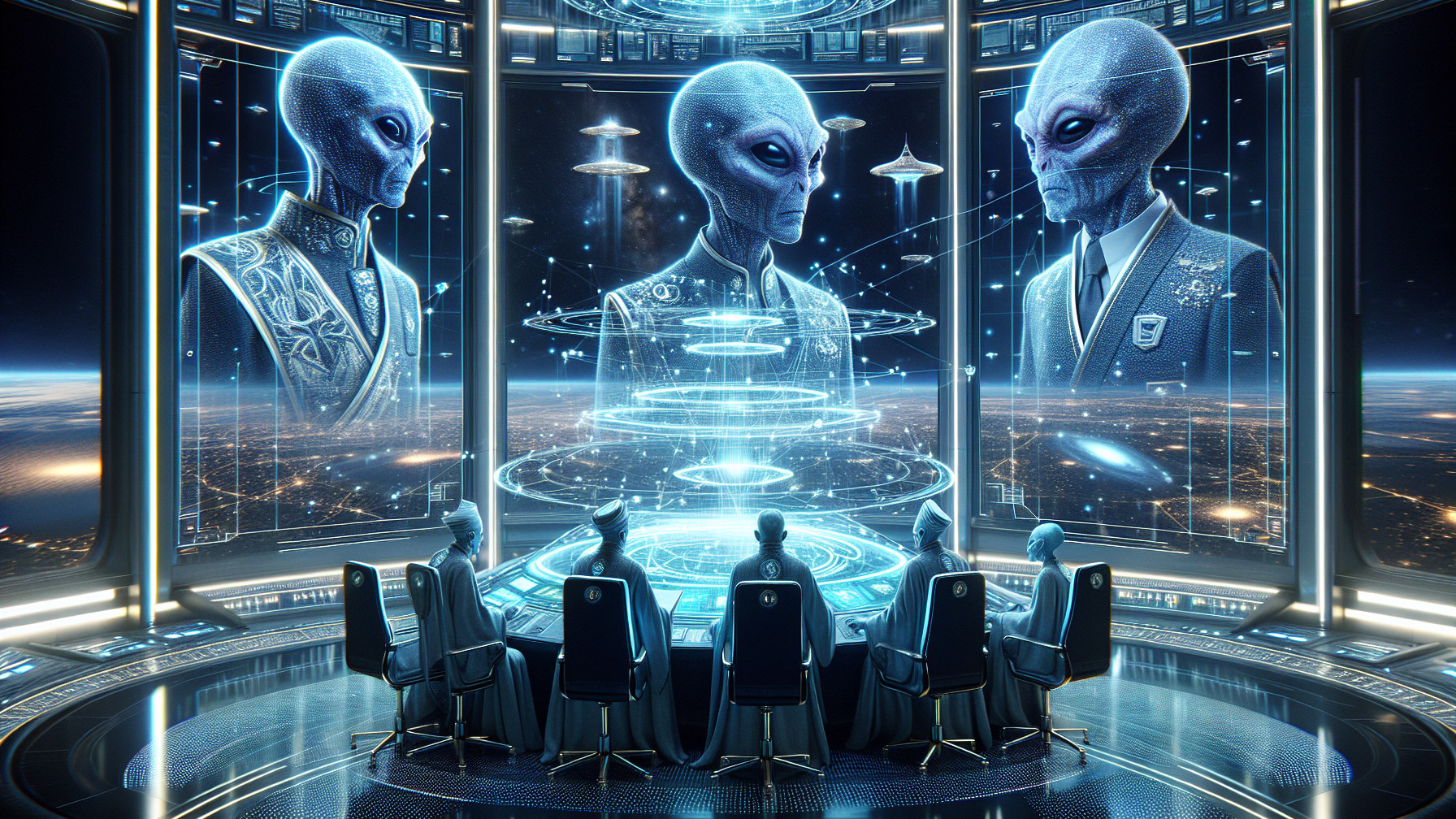 Futuristic Conference Room with Alien Beings and Holograms