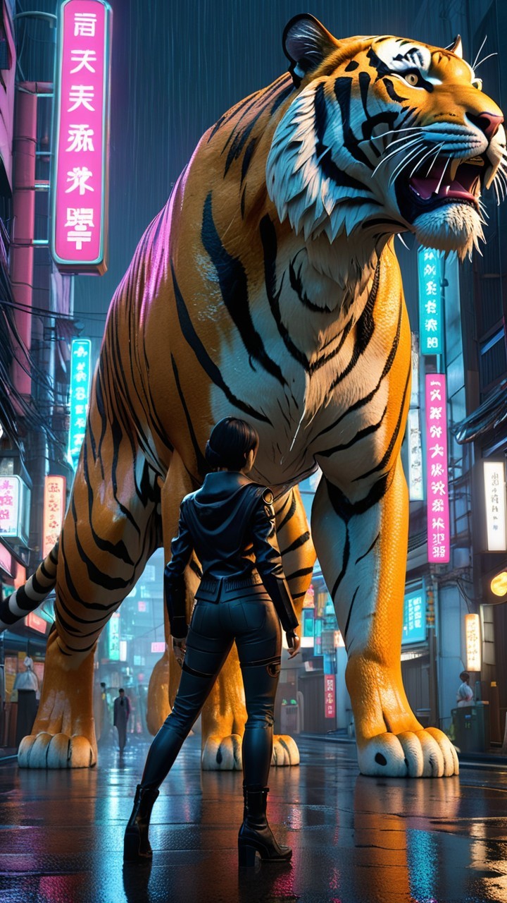 Neon Urban Scene with Woman and Tiger Contrast