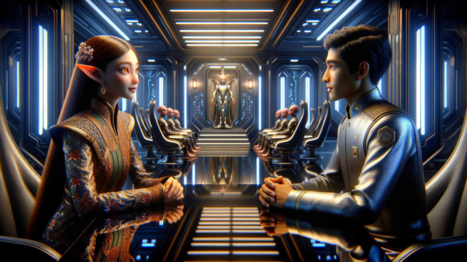 Futuristic Chamber with Elf Woman and Young Man Meeting