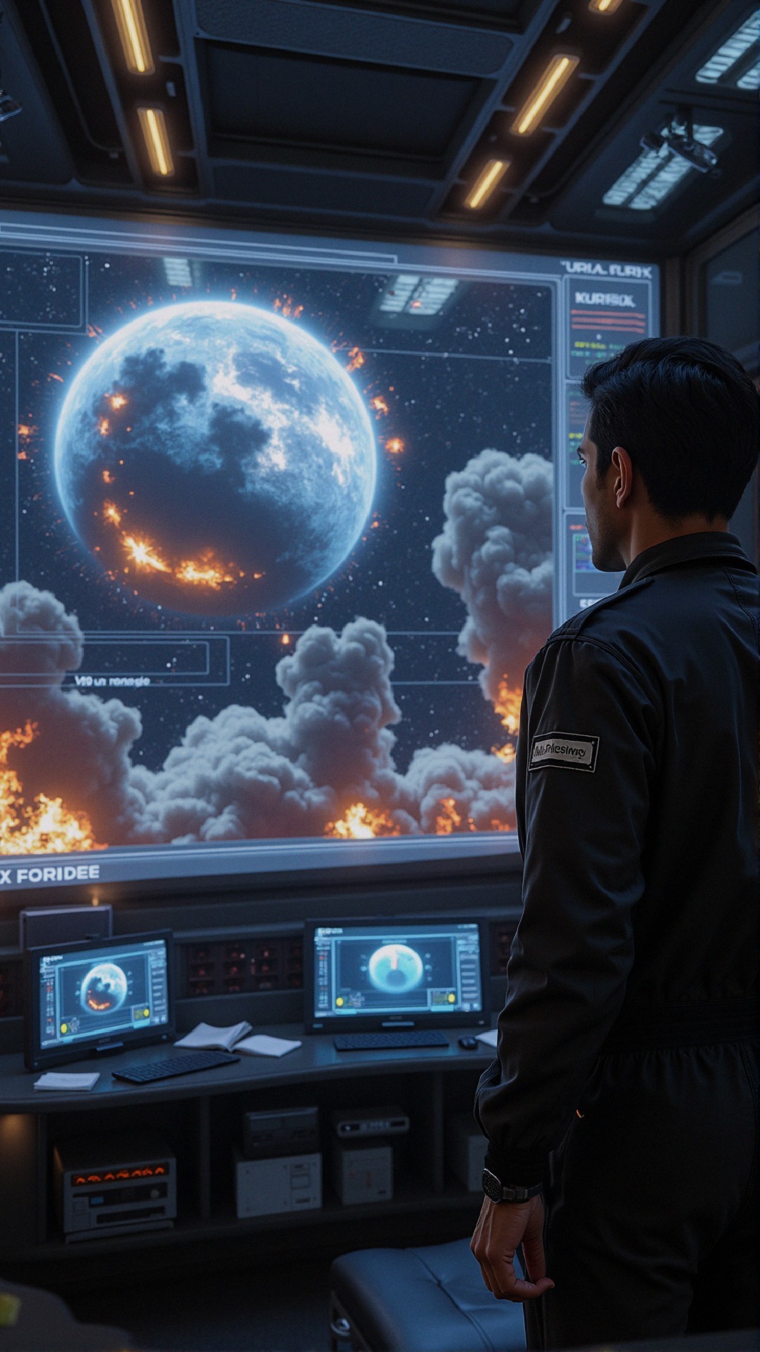 Futuristic Control Room with Holographic Disaster Display