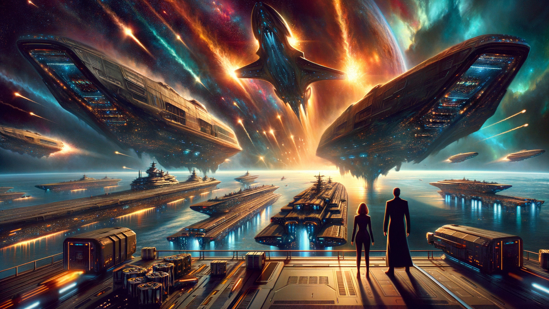 Futuristic Space Scene with Starships and Nebula