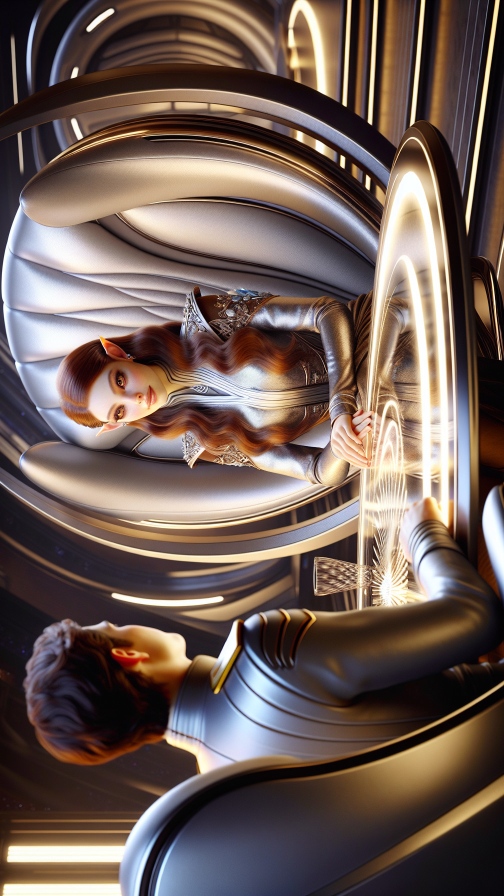 Futuristic Scene with Elegant Woman in Sci-Fi Setting