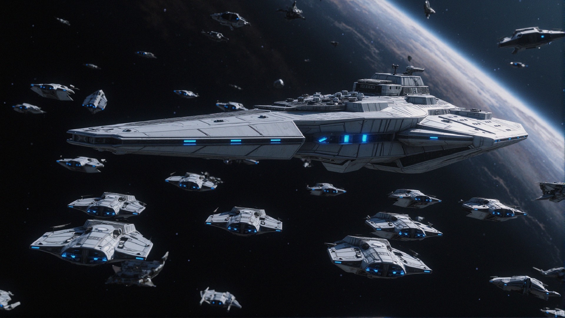 Futuristic Spaceship with Fleet in Cosmic Scene