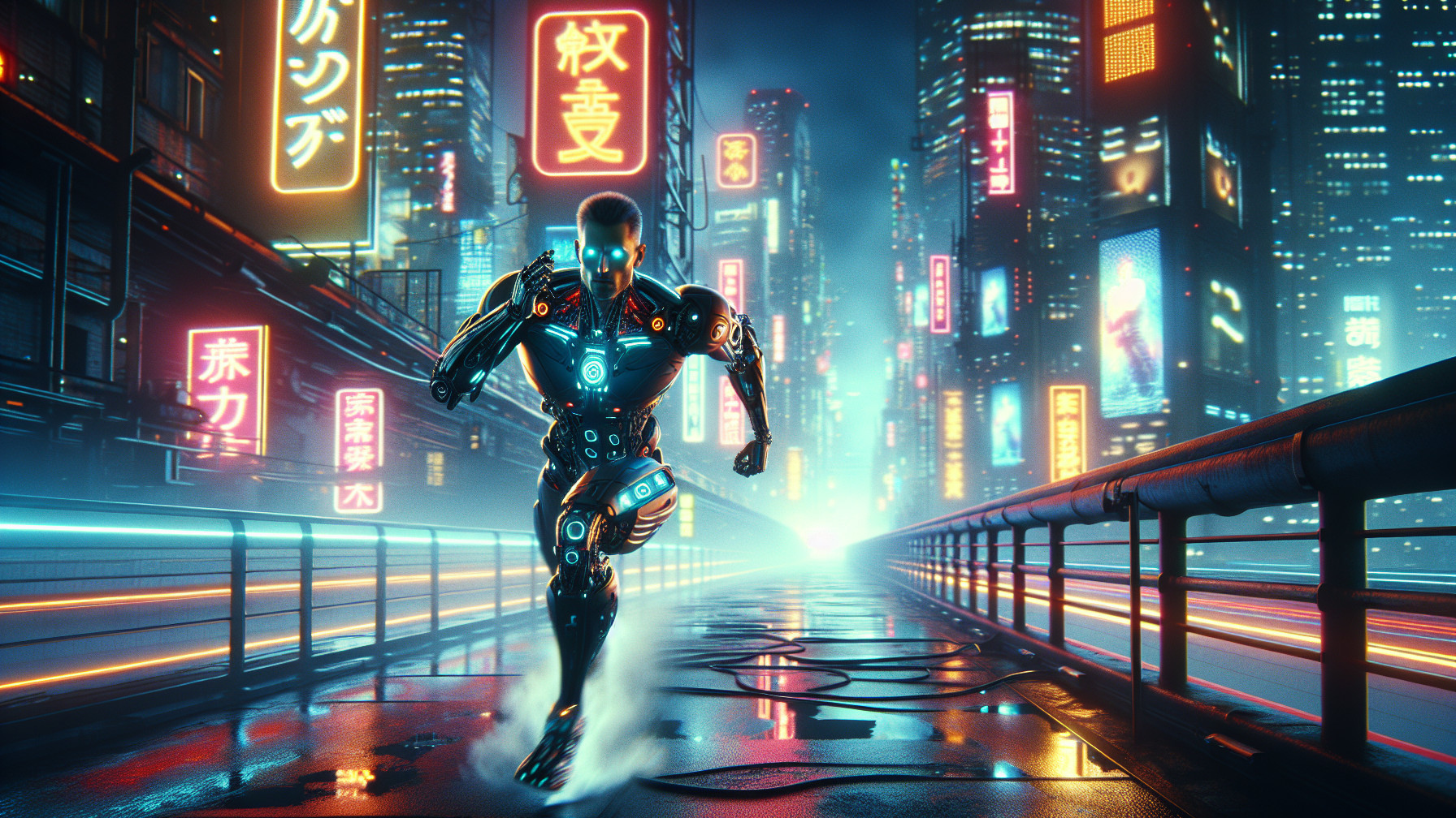 Cyborg in Neon-Lit Cyberpunk Cityscape Running