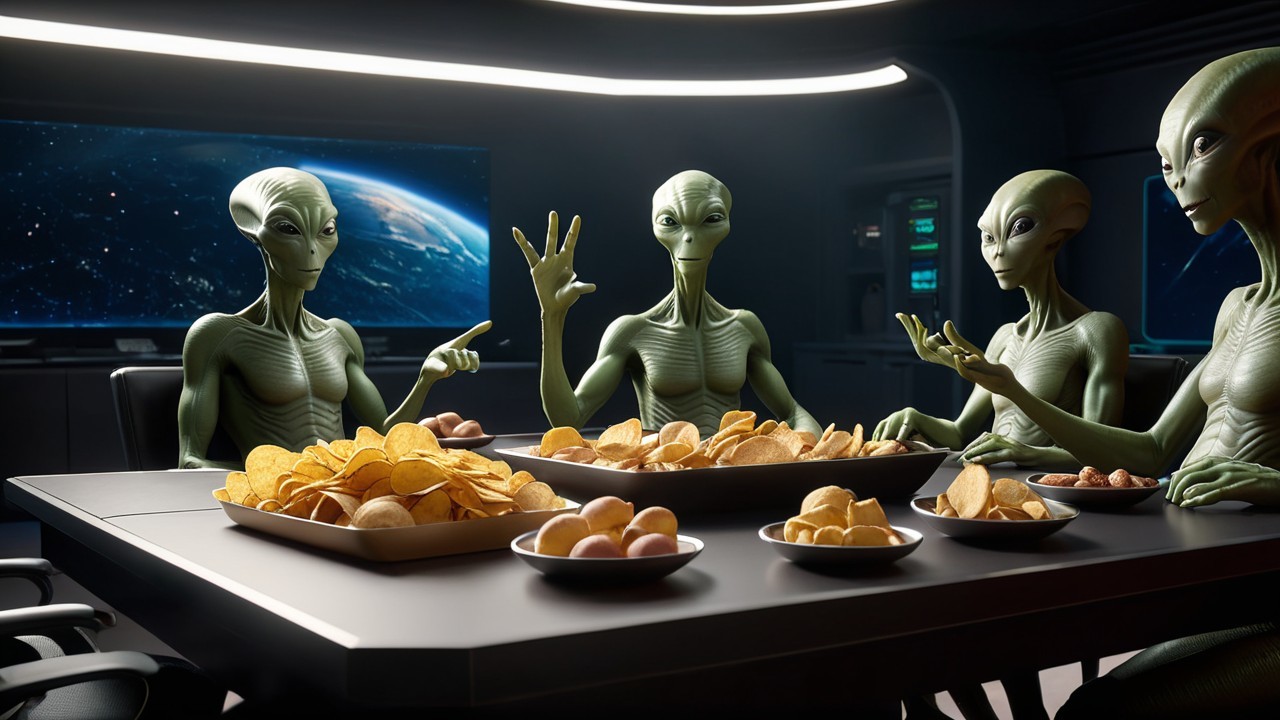 Futuristic Gathering of Aliens with Snacks and Earth View