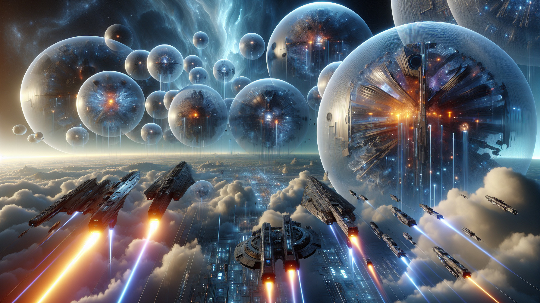 Futuristic Space Scene with Translucent Spheres and Craft