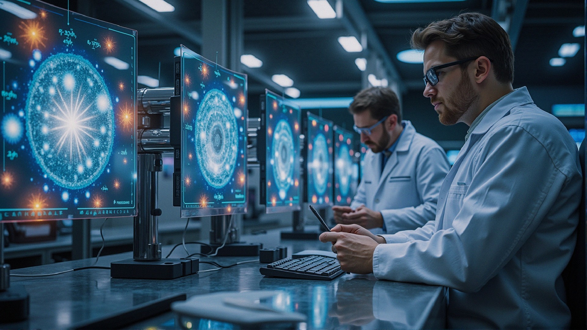 Scientists Analyzing Cosmic Data in Modern Lab Setting