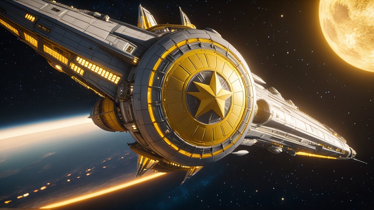 Futuristic spacecraft with golden star emblem and planet
