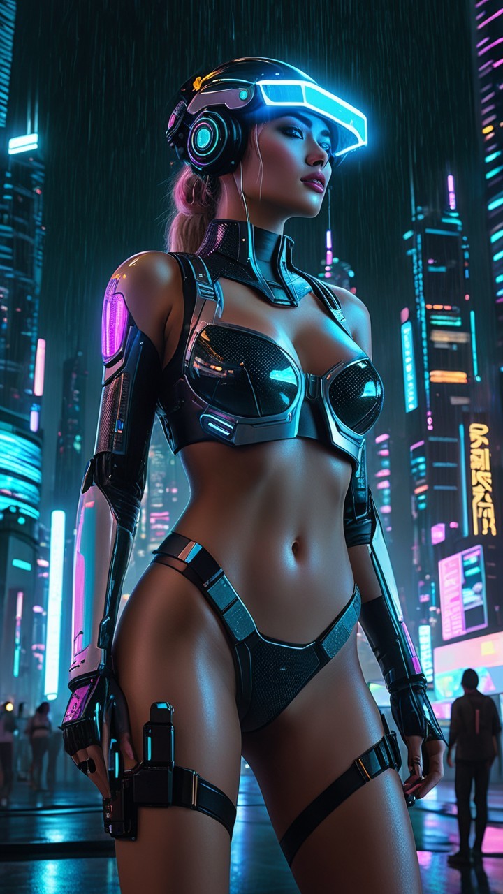 Futuristic Cybernetic Figure in Neon Cityscape