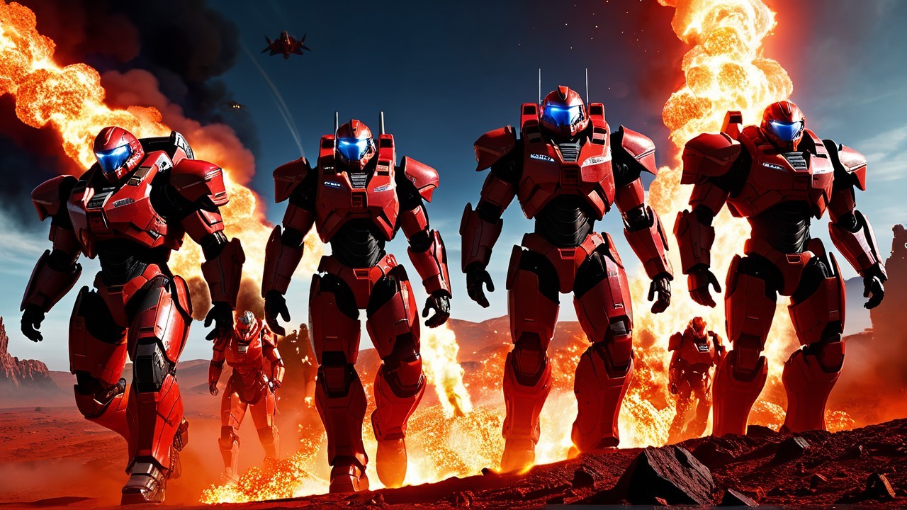 Futuristic robotic soldiers in red exosuits on rugged terrain
