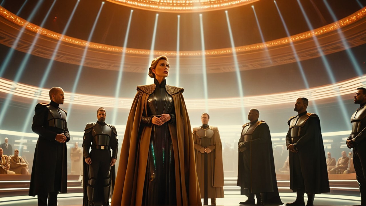 Futuristic chamber with central figure and armored figures