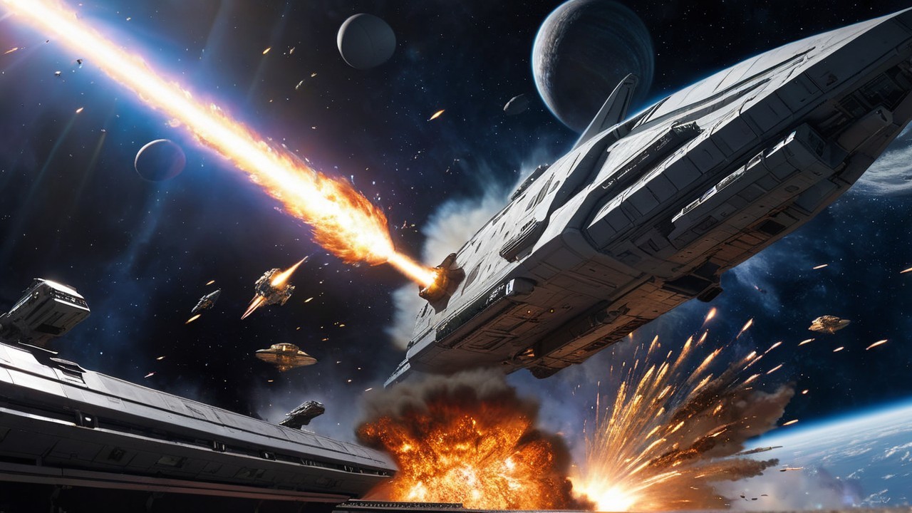 Dramatic Space Battle with Laser Beams and Explosions