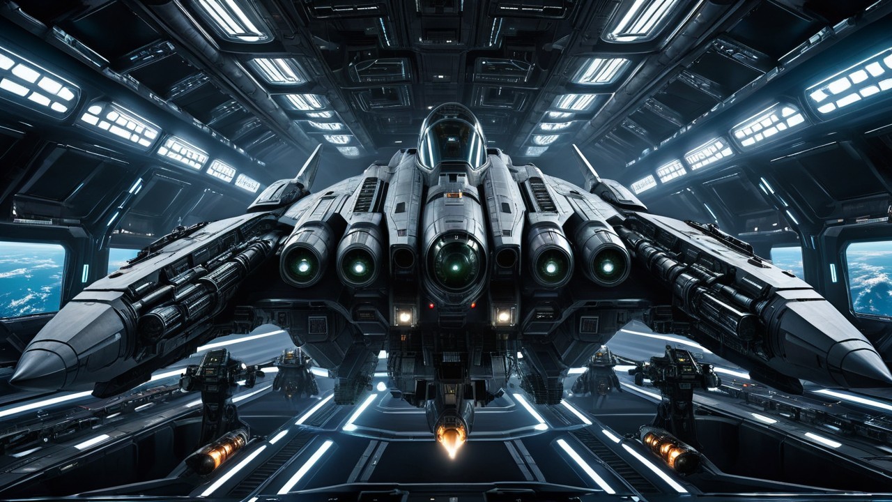 Futuristic Spacecraft in High-Tech Hangar Setting
