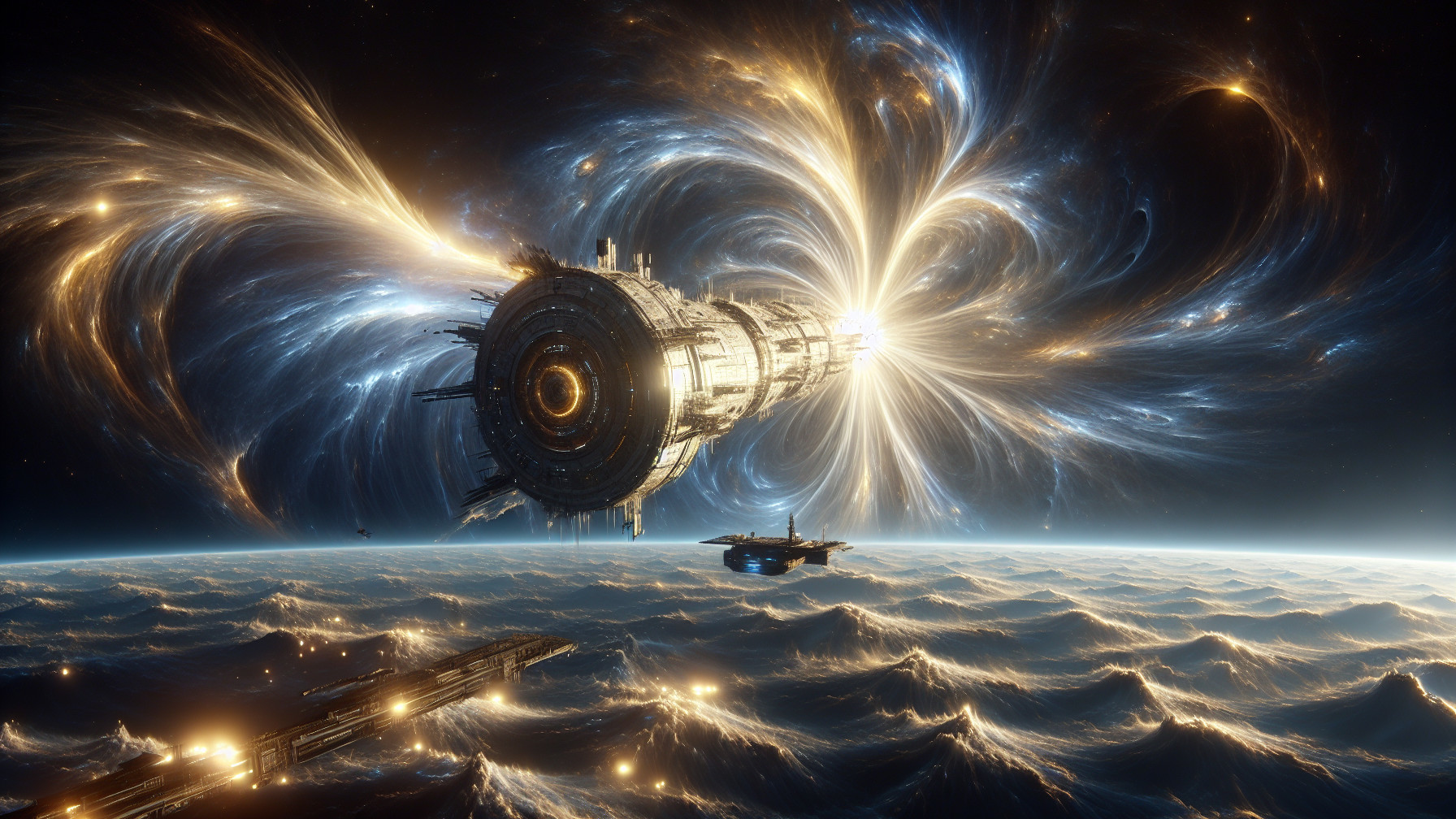 Futuristic Space Station Amid Cosmic Energy and Ocean Planet