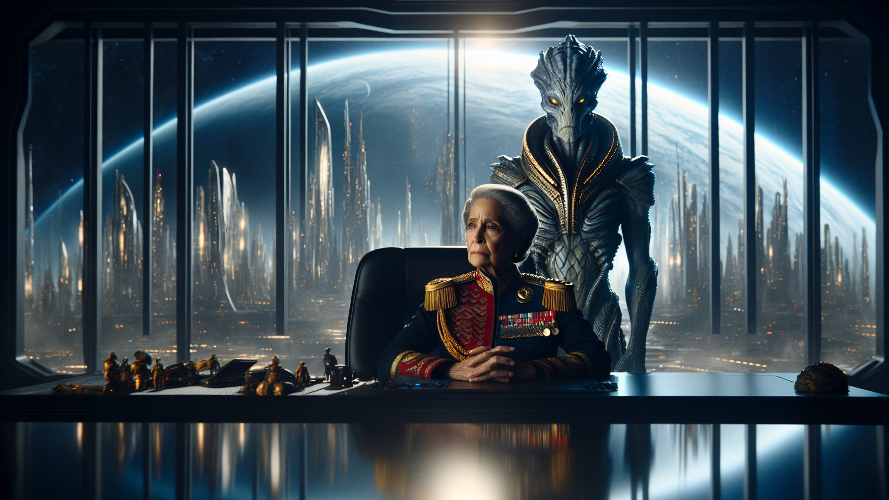 Futuristic Command Center with General and Alien Figure