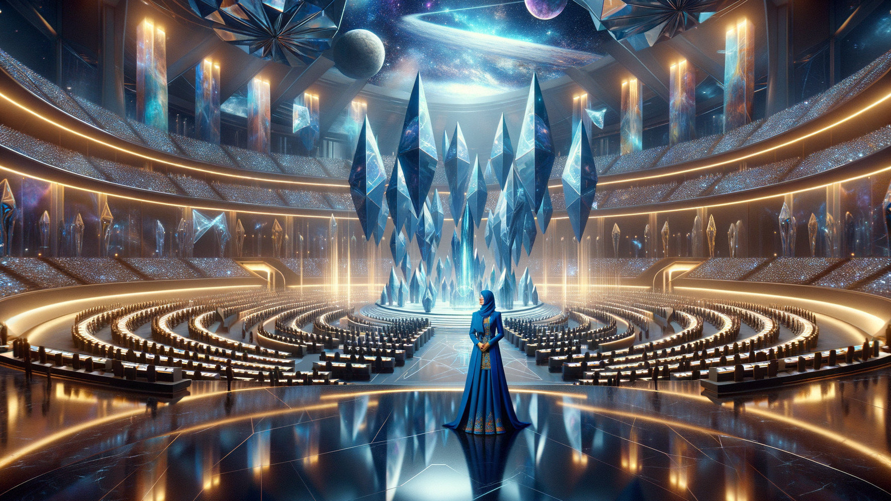 Cosmic Arena with Crystalline Structures and Ethereal Lights