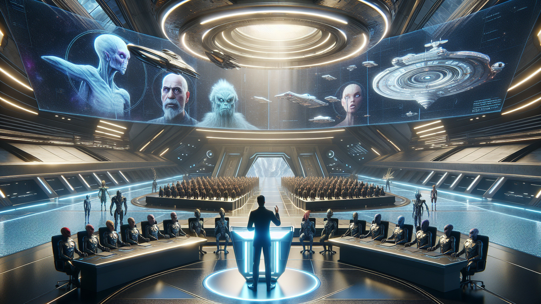 Futuristic Conference Room with Diverse Humanoids Discussing