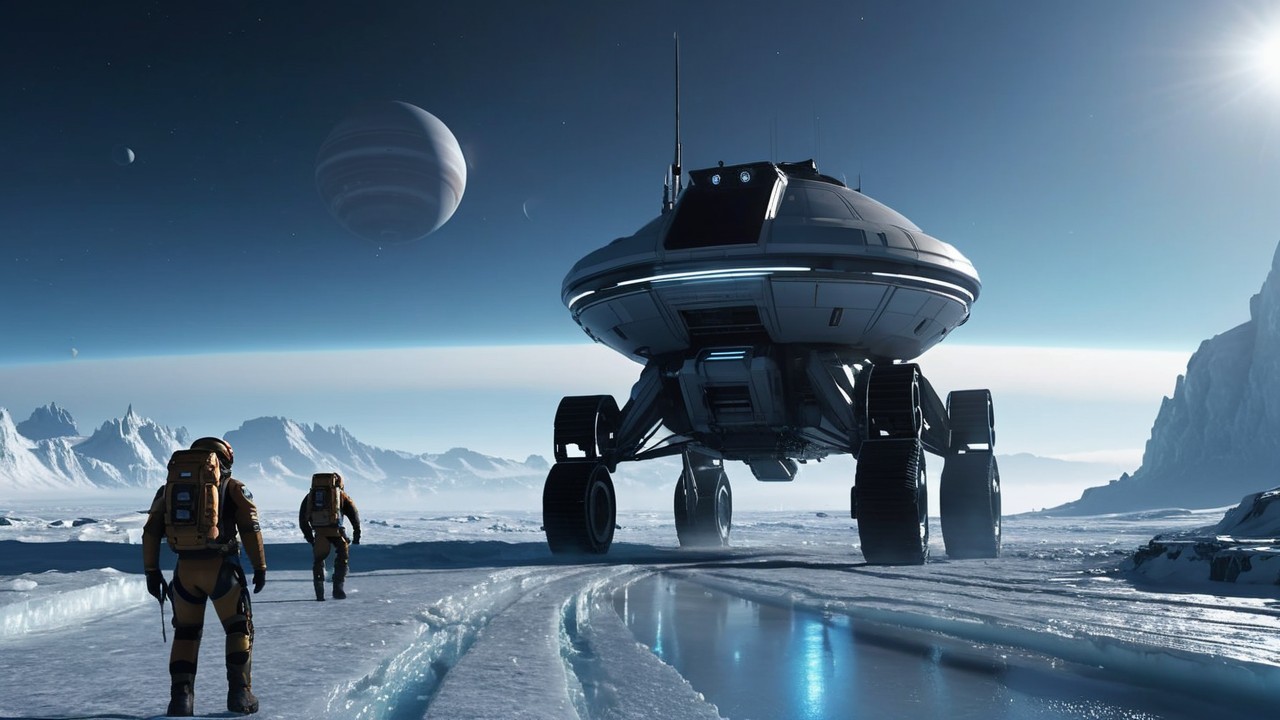 Futuristic Astronauts and Advanced Rover in Icy Landscape