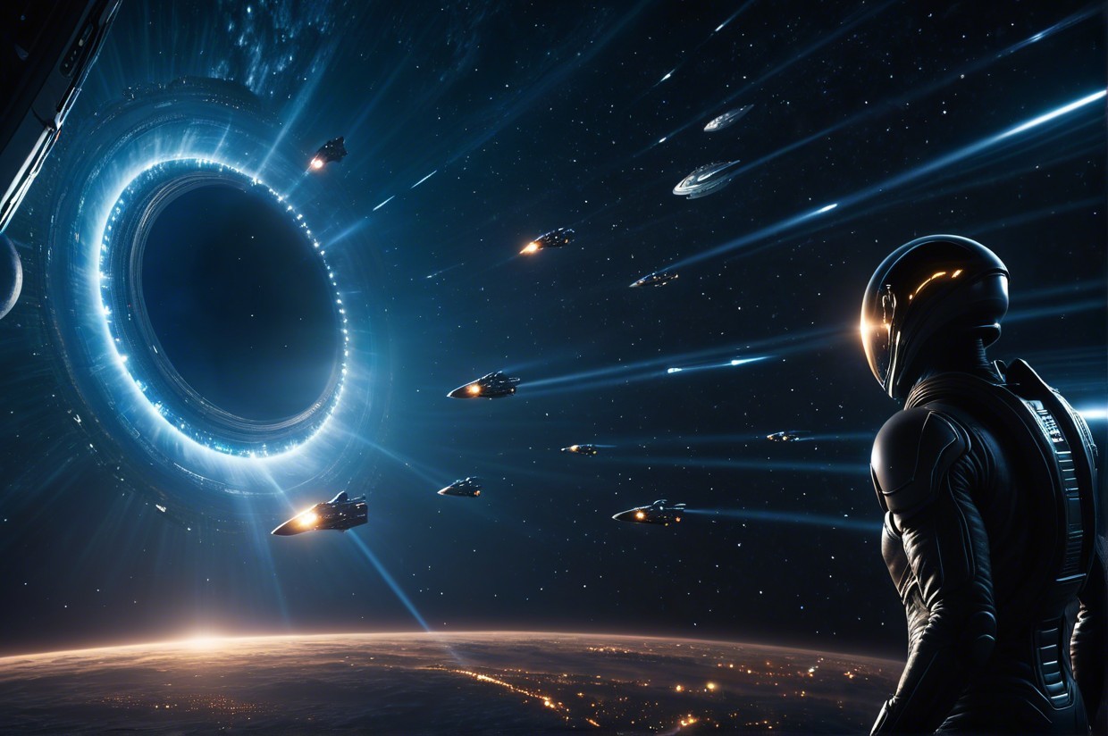 Astronaut Before Black Hole with Advanced Spacecraft