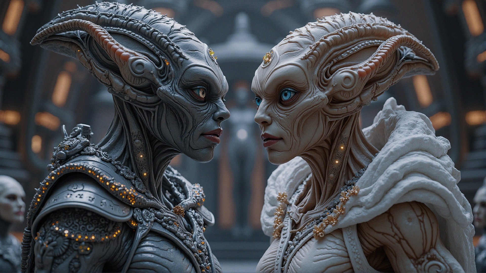 Intricately Designed Alien Beings in Futuristic Setting