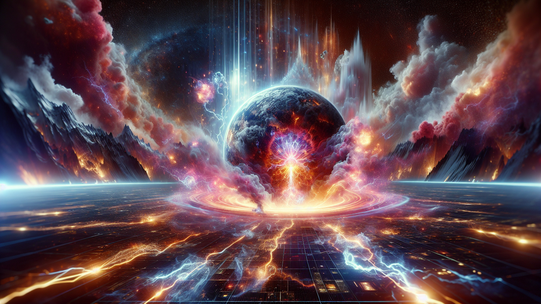 Vibrant Cosmic Scene with Fiery Planet and Mountains