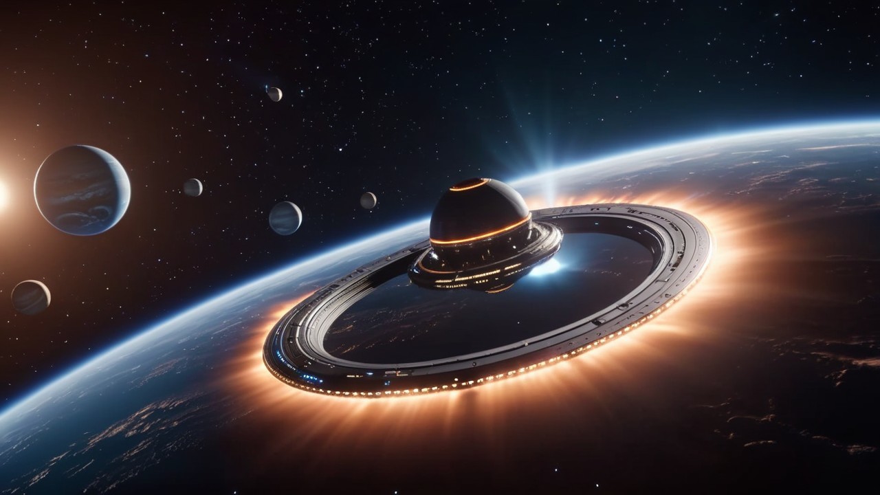 Distant Planet with Moons and Glowing Ring Structure