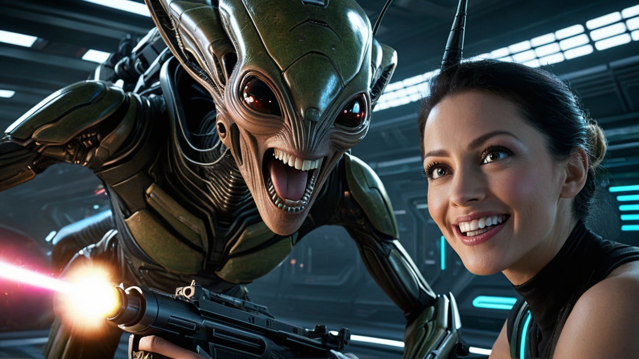 Futuristic Scene with Alien and Woman in Sci-Fi Setting