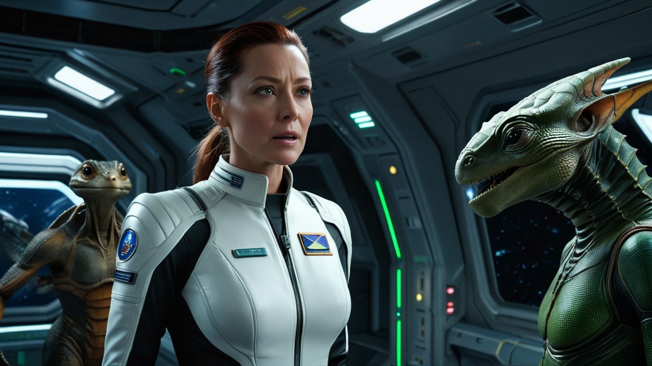 Futuristic spacecraft scene with human and alien beings