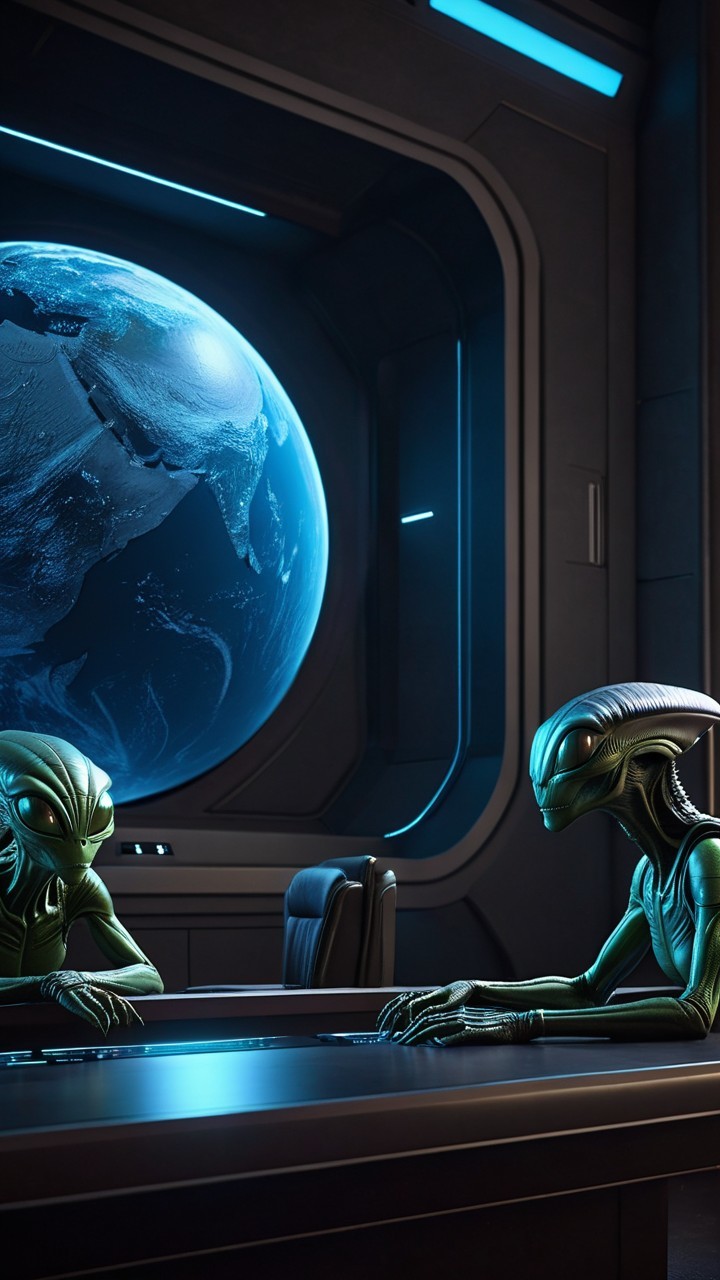 Futuristic Spacecraft with Green-Skinned Aliens Conversing