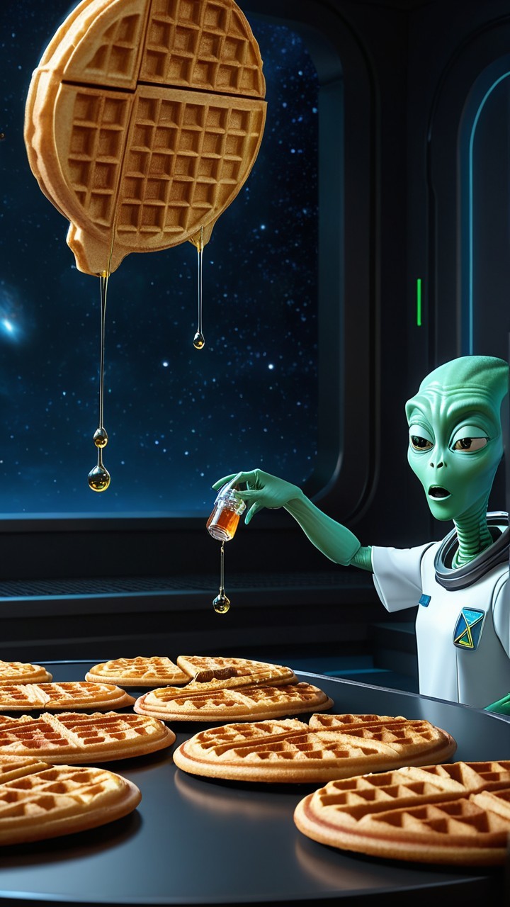 Alien Character Drizzling Syrup on Waffles in Space