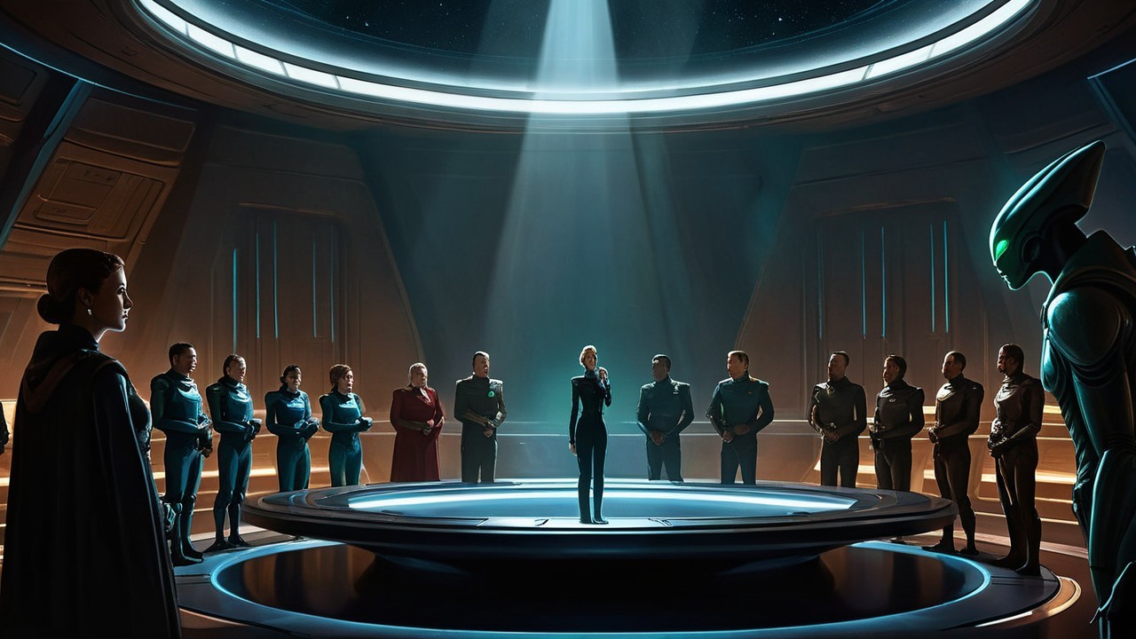 Futuristic Assembly with Central Figure and Tense Atmosphere
