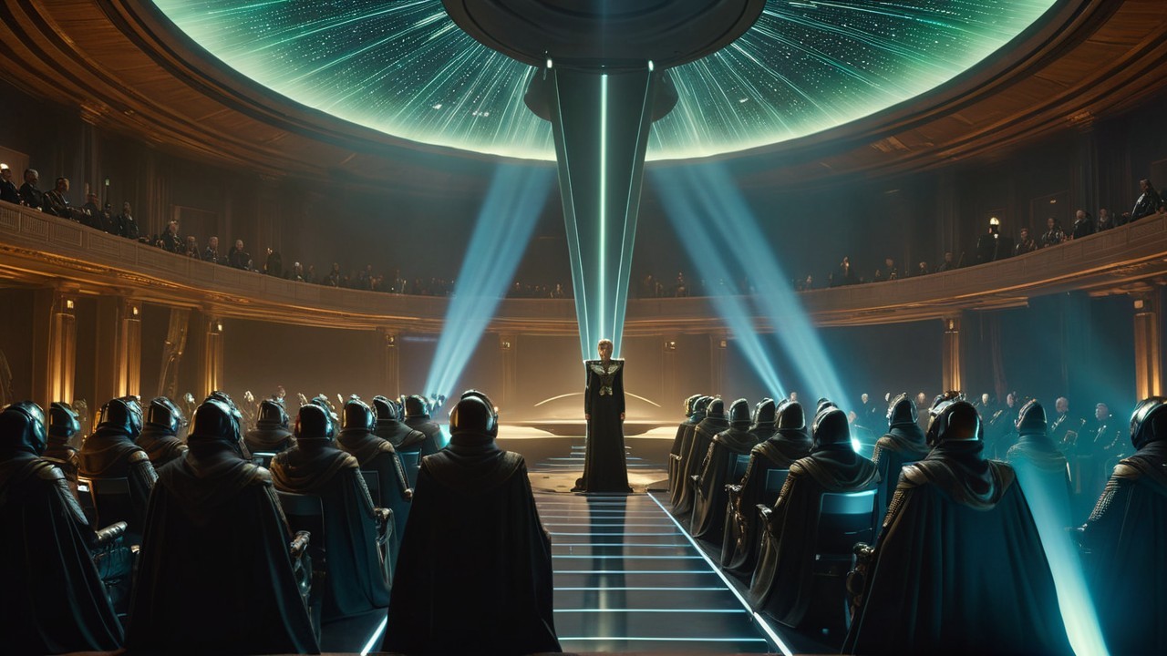 Futuristic Hall with Speaker and Cloaked Audience