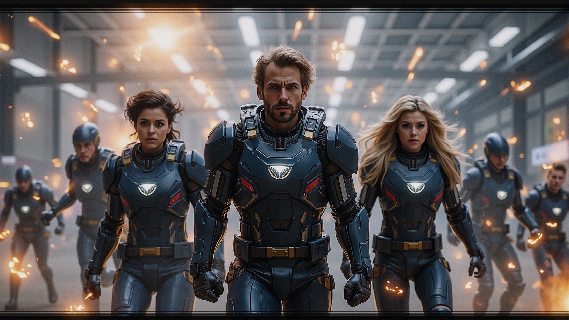 Dynamic Superheroes in High-Tech Armor Prepare for Battle