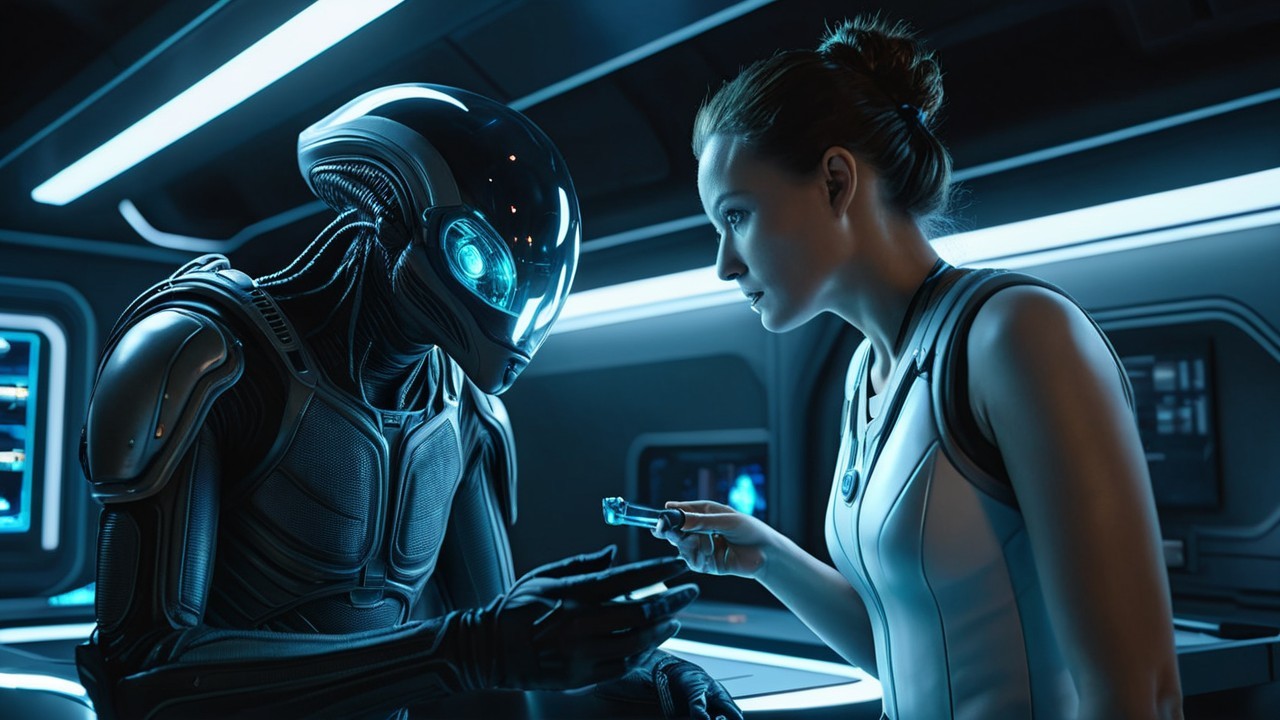 Futuristic Alien-Human Interaction in High-Tech Setting