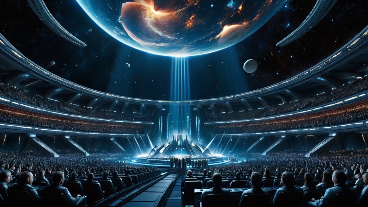 Futuristic arena with grand structure and celestial backdrop