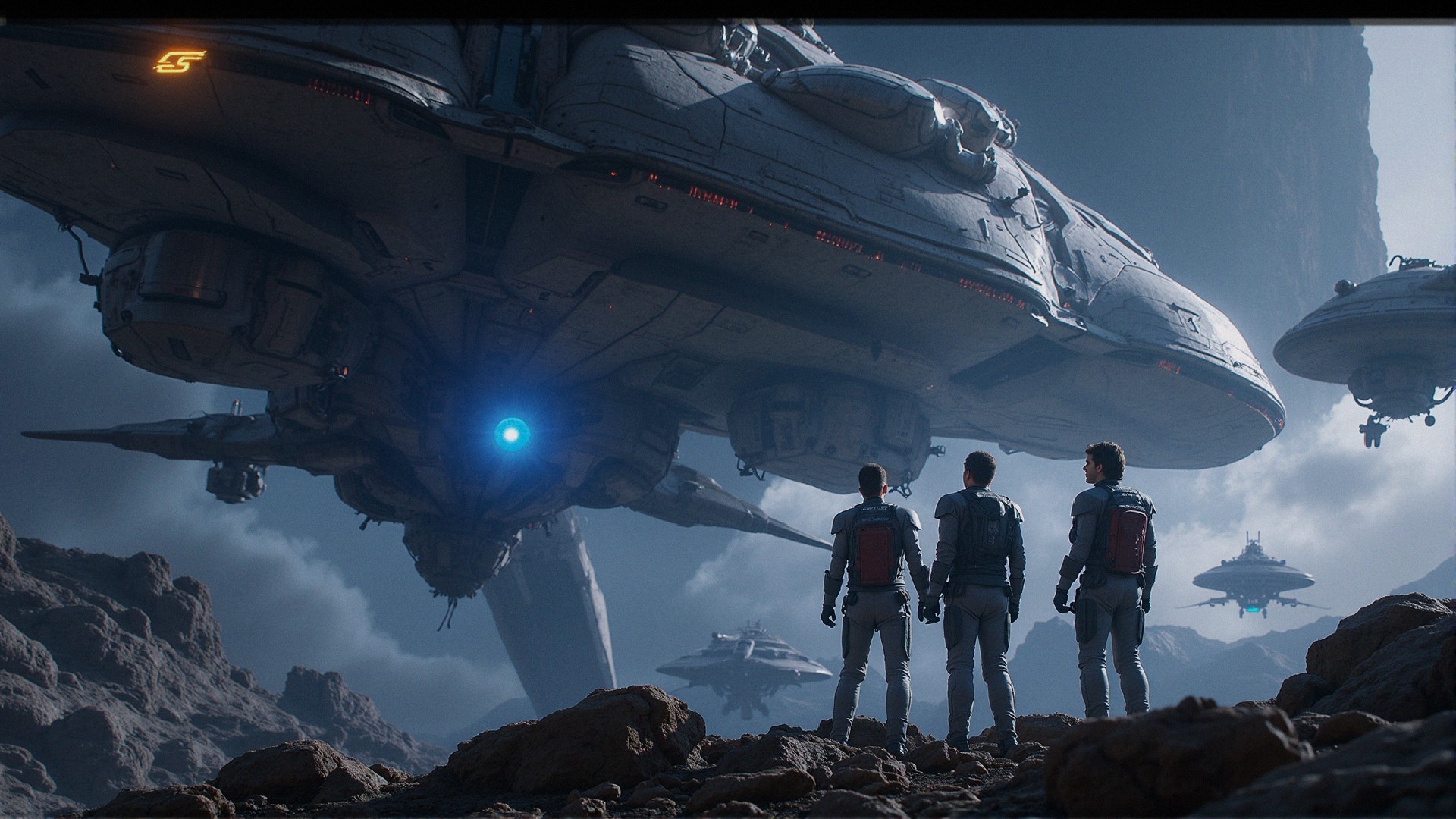 Futuristic Explorers Gazing at a Massive Spaceship