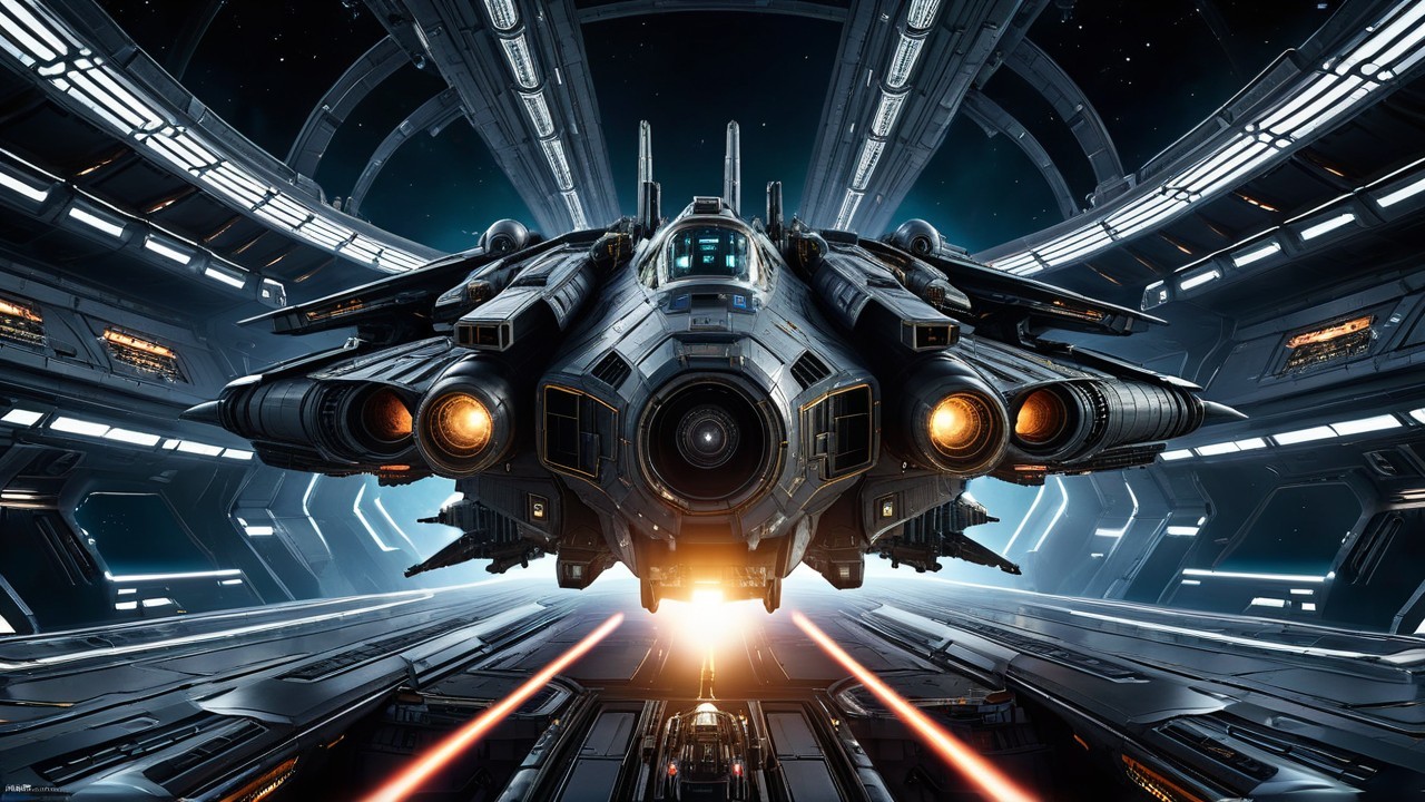 Futuristic Spaceship in High-Tech Space Station Hangar