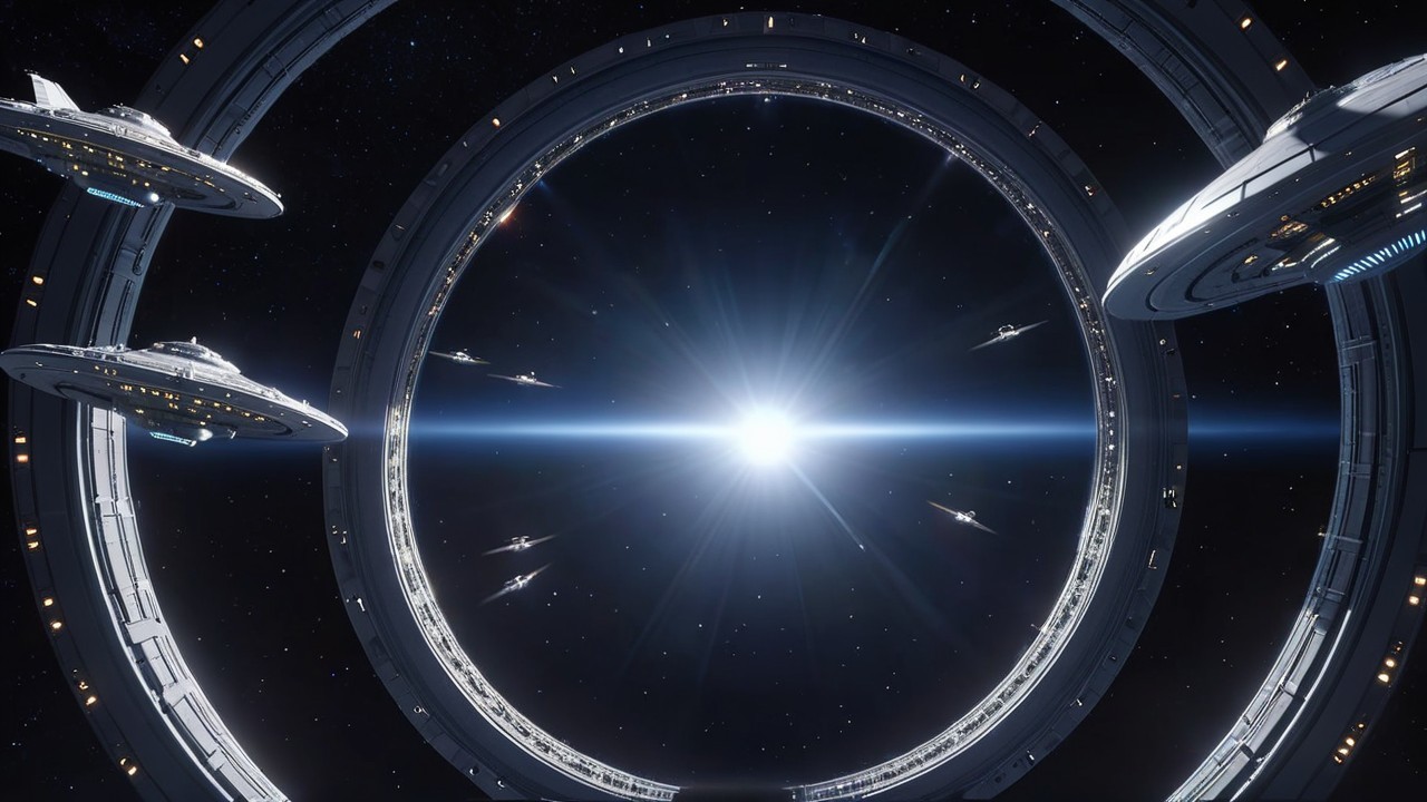 Space Scene with Spacecraft and Glimmering Ring Structure