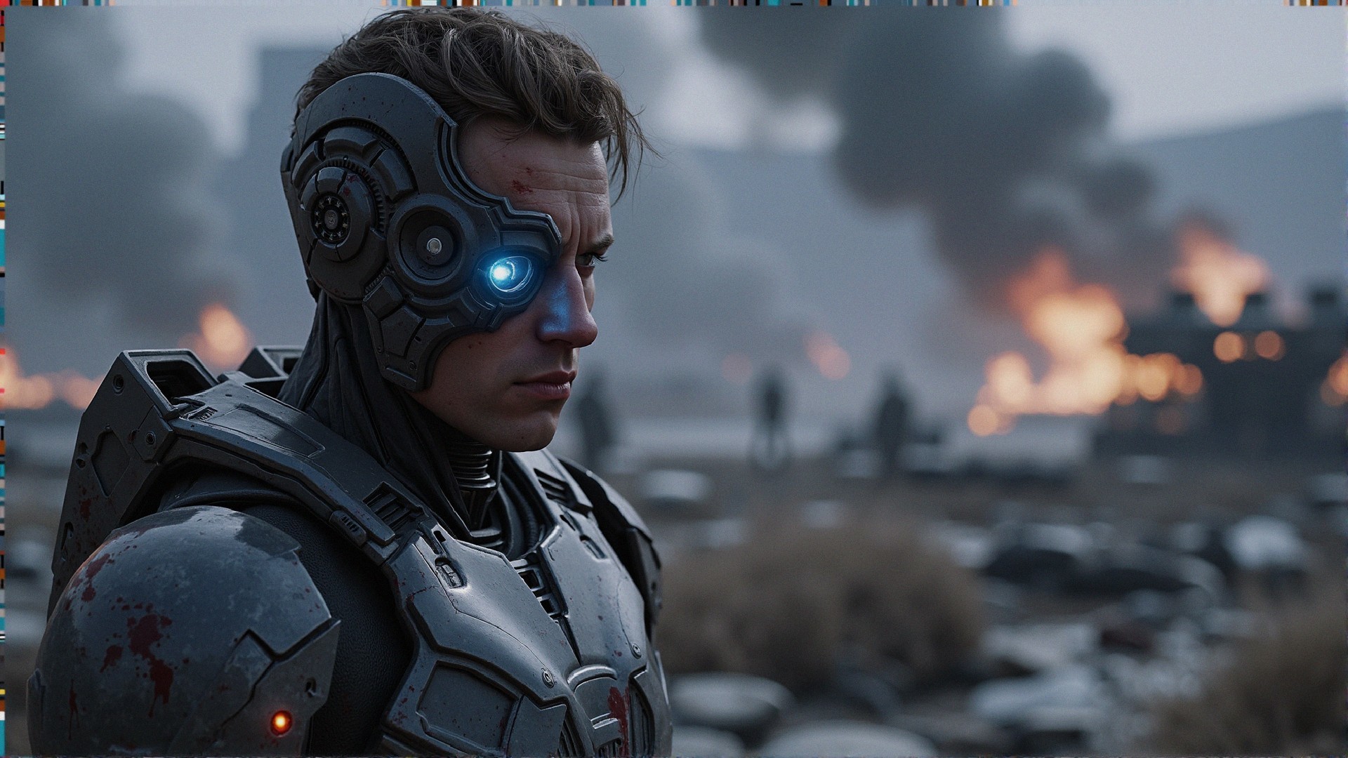 Futuristic Armored Figure in Dystopian Chaos Scene