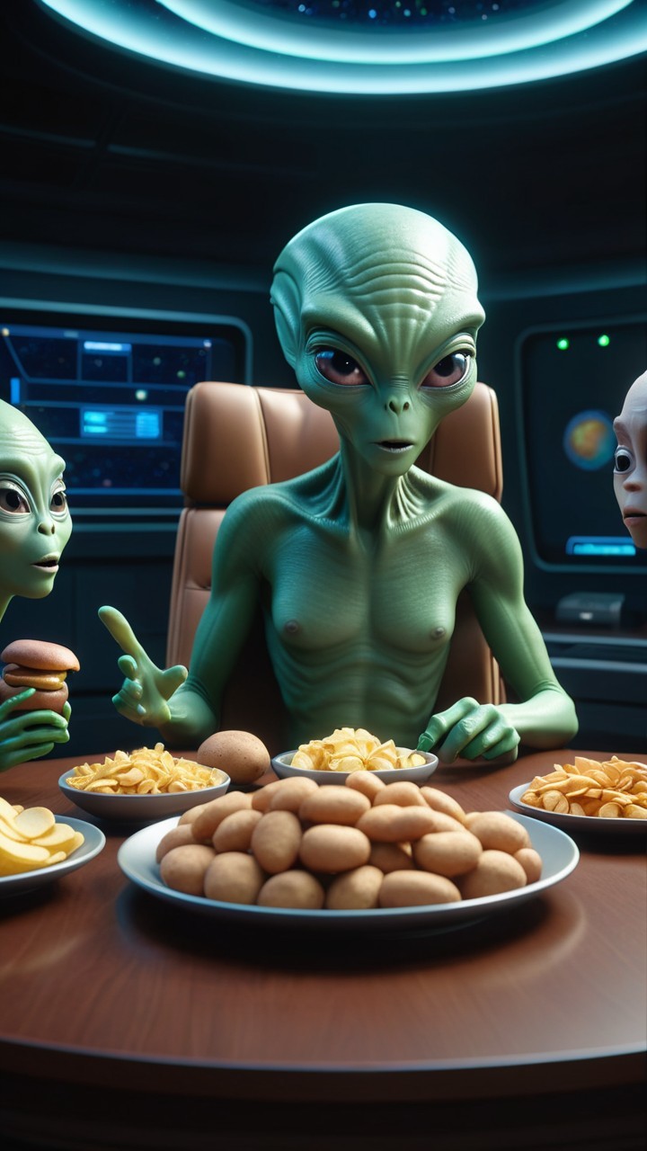 Futuristic Scene with Green-Skinned Aliens and Snacks