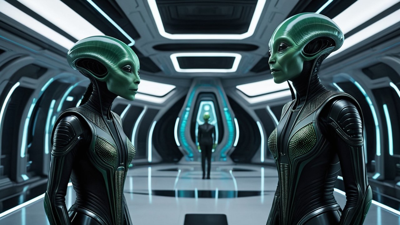 Three Green-Skinned Aliens in Futuristic Setting