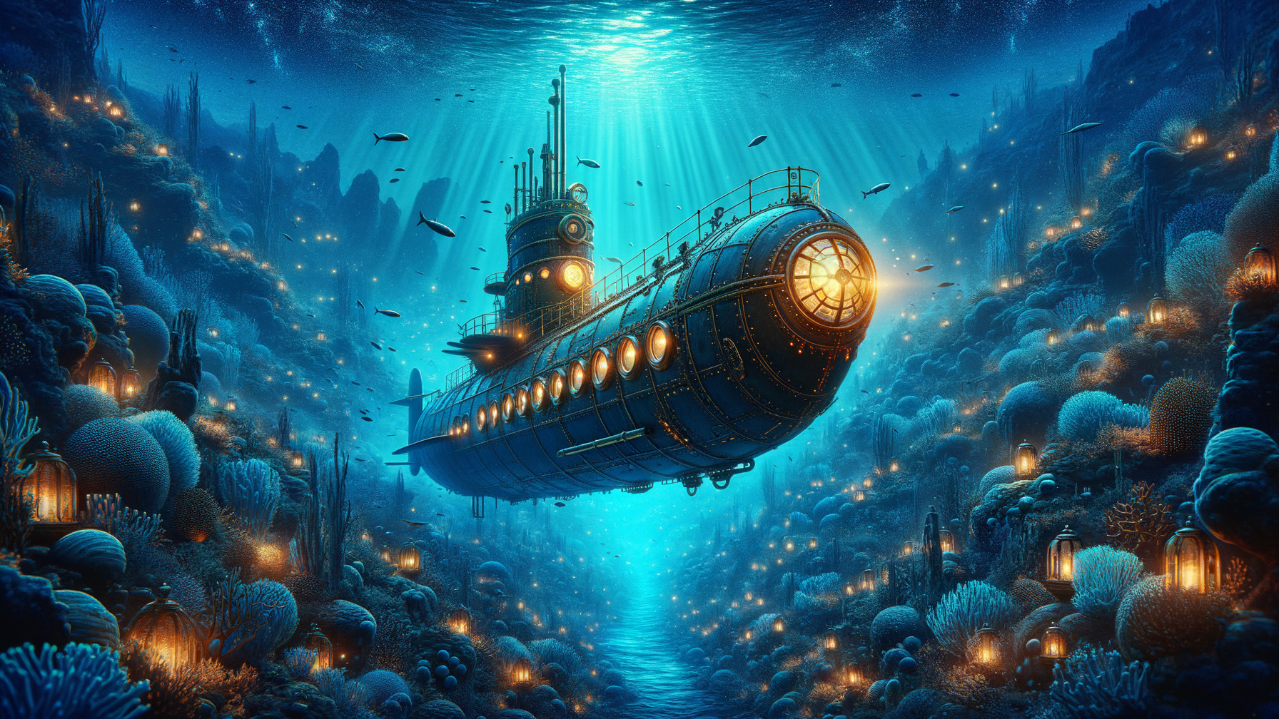 Submarine in Vibrant Underwater Landscape with Coral Reefs