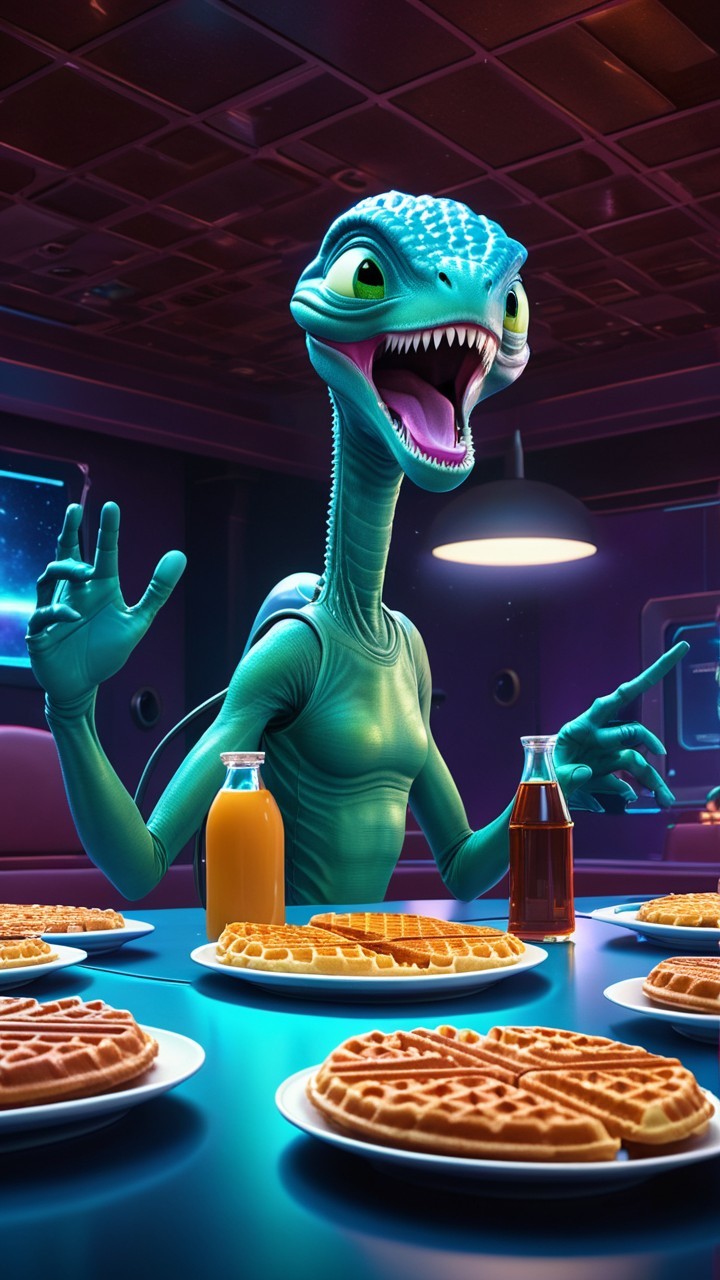 Vibrant Alien Creature at Futuristic Breakfast Table
