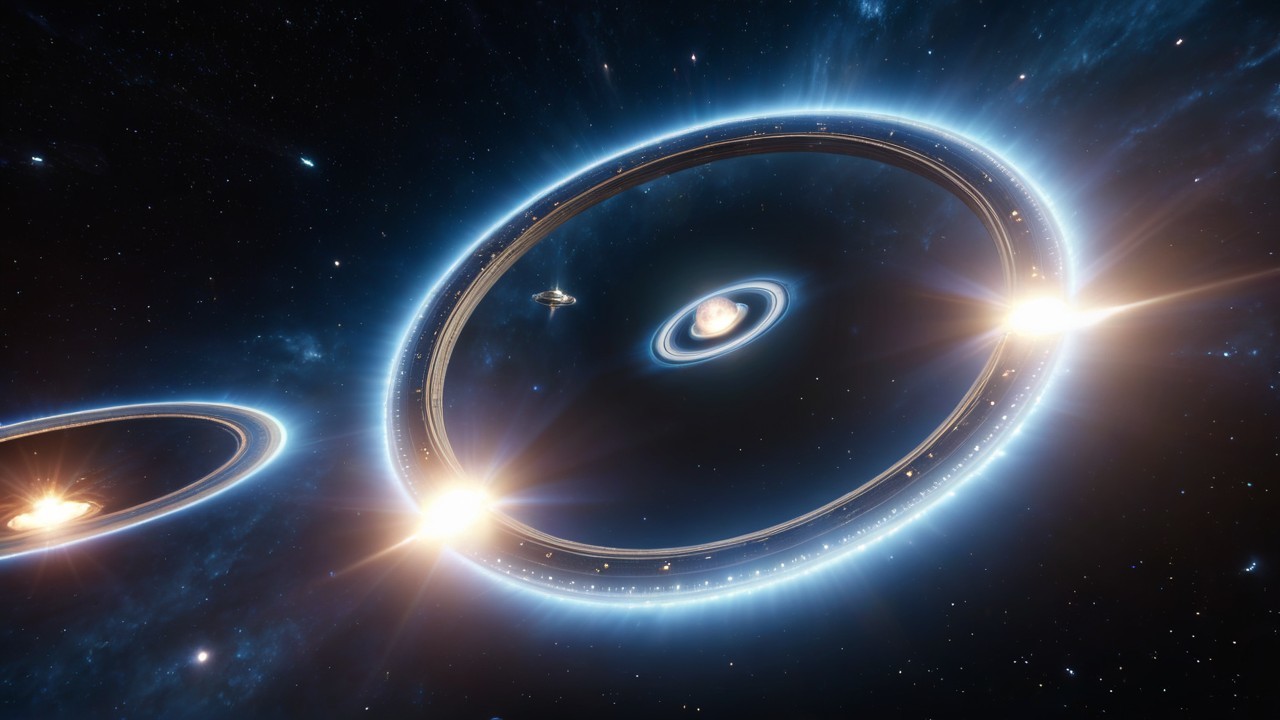 Vibrant Cosmic Scene with Rings and Celestial Bodies