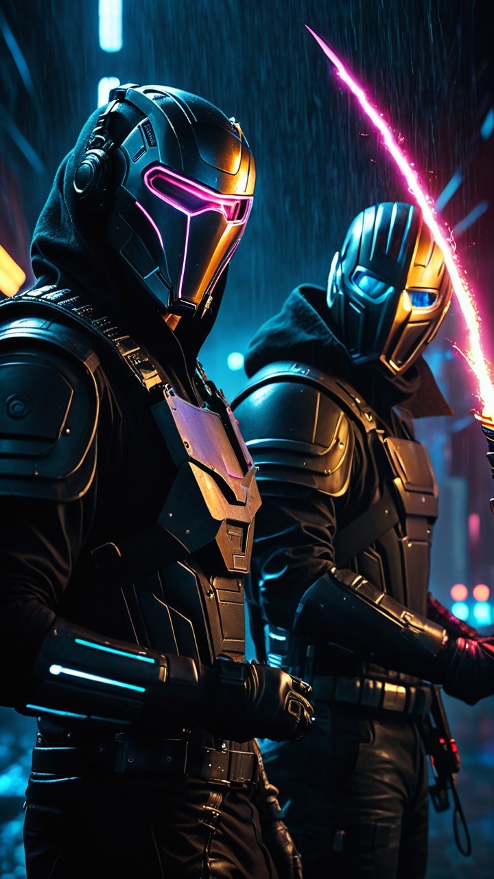 Futuristic warriors in neon-lit urban setting with armor