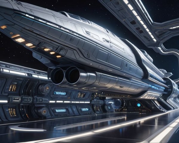 Futuristic Spaceship Docked in High-Tech Space Station
