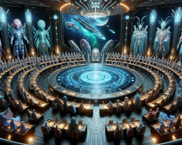 Futuristic Council Chamber with Alien Beings and Holograms