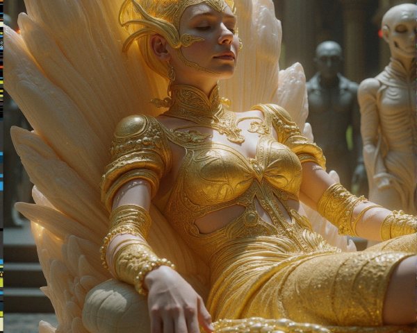 Regal figure on ornate throne in golden gown