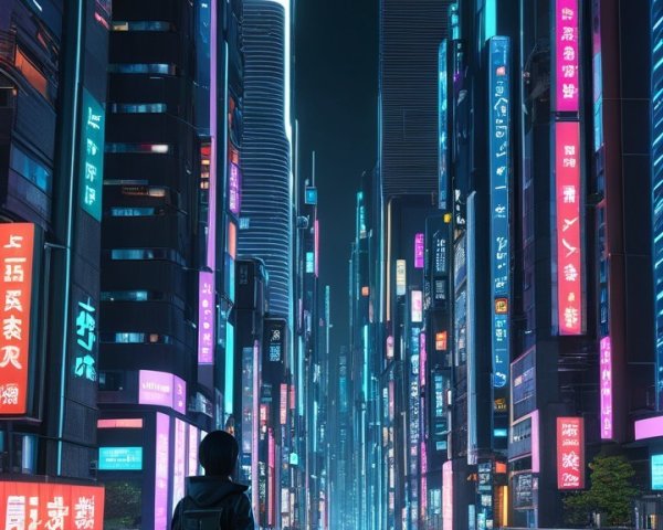 Futuristic cityscape with neon lights and hovercraft