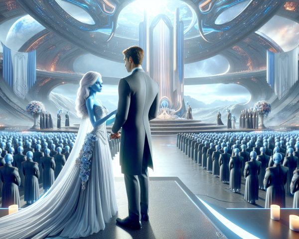 Futuristic Hall with Blue-Skinned Audience and Throne